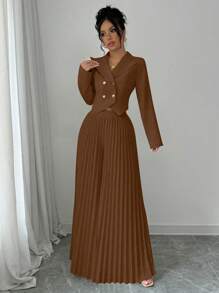 Elenzga 2 Pieces Set: Solid Color Button-Up Jacket And Wide-Leg Pleated Pants
