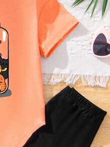 SHEIN Leap Crew 青少年女孩休闲简约短款 T 恤和长裤两件套，夏季 - 彩色 - 查看 4