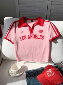 Comfortcana 大码女式休闲运动风字母图案撞色条纹侧V领短款T恤，适合夏季、秋季、返校季、商务休闲、办公室、工作、教师等场合。 - 粉色 - 查看 3