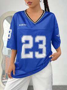 SHEIN EZwear 海军蓝女士数字印花运动球衣 T 恤 - 寶藍色 - 查看 3