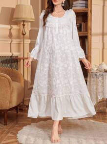 PalaceNights Palace Style Embroidery Long Sleeve Maxi Loose Maternity Nightgown Babydoll Luxe Loungewear, Fall - White - View 4
