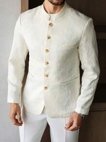 Manfinity Homme 男士长袖提花单排扣时尚西装外套 男士正装 男士时尚 男士派对西装外套 - 米色 - 查看 4