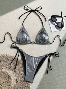 Swim EVENT Springbreak New Women's Sexy Bikini Set Set, 2pcs, Metallic Silver Fabric, Halter Neck Tie Top With Heart Accent, Side Tie Bottom With Heart Accent, Fashionable EDM Festival & Beach Vacation Swimwear
