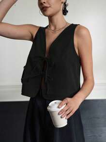 INAWLY Women's Casual Versatile Solid Color Lace-Up Tank Top - Black - View 3