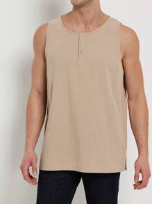 Manfinity Dauomo Men's Plain Button Half Placket Round Neck Casual Top - Khaki - View 4