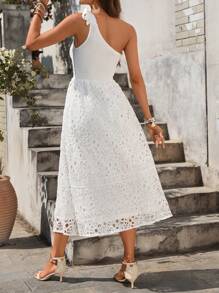 Breezaya Contrast Lace Tie Shoulder Ruffle Trim Hollow Out Ruffle Hem Dress - White - View 2