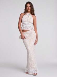 SHEIN BAE Falda de encaje de malla floral elegante de cintura baja para vacaciones en la playa, invitados de boda, despedidas de soltera