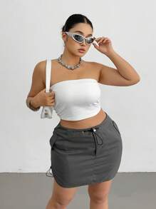 Flirla Plus Size Women Drawstring Waist Short Casual Cargo Skirt