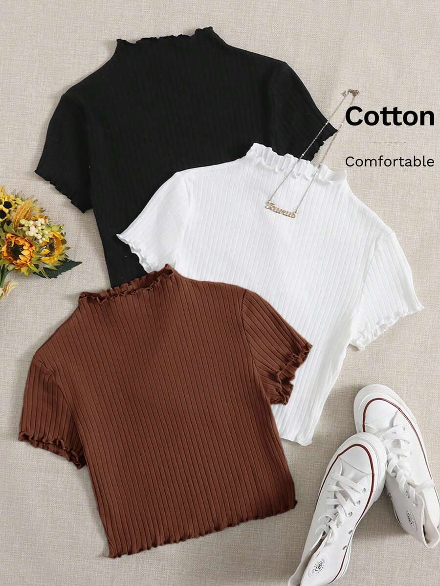 SHEIN EZwear 女款波浪邊短袖t恤 - 棕色 - 查看 1