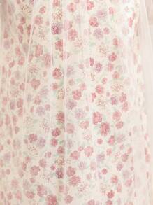 SHEIN Glamorique Kids 年轻女孩短袖网眼覆盖碎花夏装，甜美清晰的花朵图案设计，适合日常通勤和派对穿着，展现女孩的可爱风格 - 杏色 - 查看 4