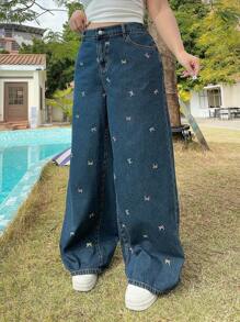 SHEIN MOD Plus Size Dark Blue Jeans Casual Fit Straight Trousers Small Floral Pattern Romantic Spring And Summer Jeans