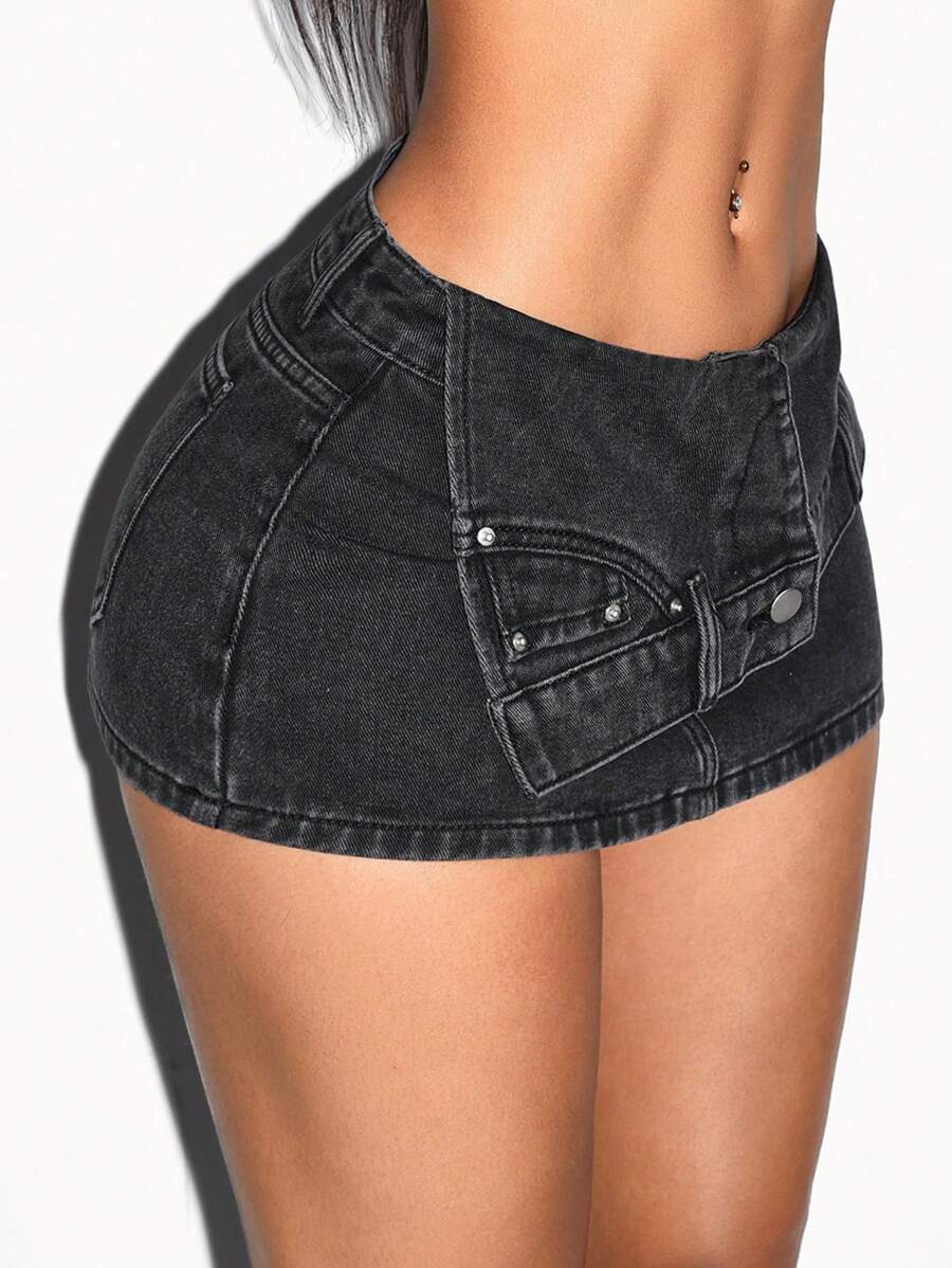 SHEIN ICON 女士休闲牛仔裙，时尚日常穿着 - 黑色 - 查看 1