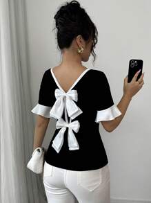 Selianne 女士圆领短袖时尚 T 恤，后背饰有蝴蝶结 - 黑色 - 查看 1