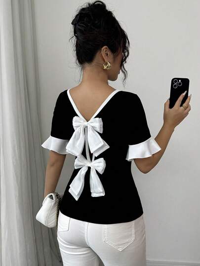 Selianne 女士圆领短袖时尚 T 恤，后背饰有蝴蝶结