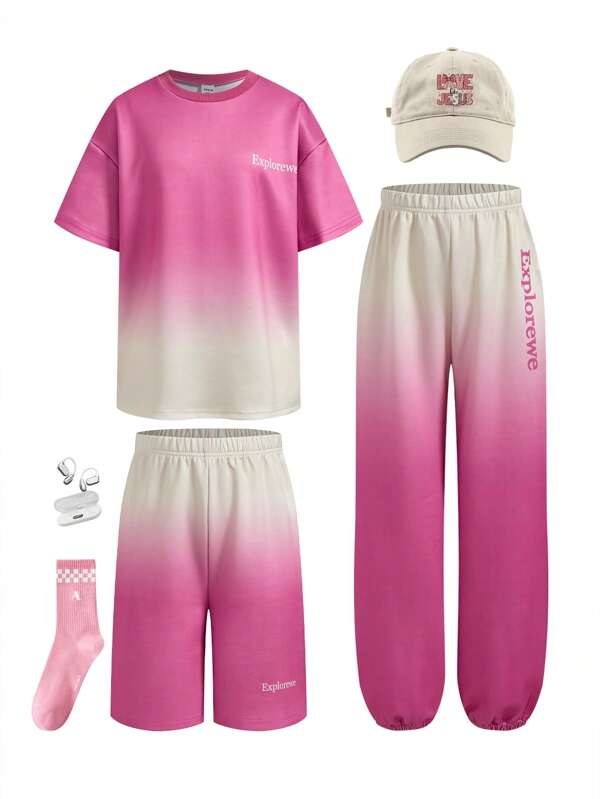 SHEIN Explorewe Tween-Mädchen Kurzärmliges T-Shirt mit Rundhalsausschnitt und Buchstabendruck, Shorts mit elastischer Taille und Jogginghose, lässiges 3-teiliges Set