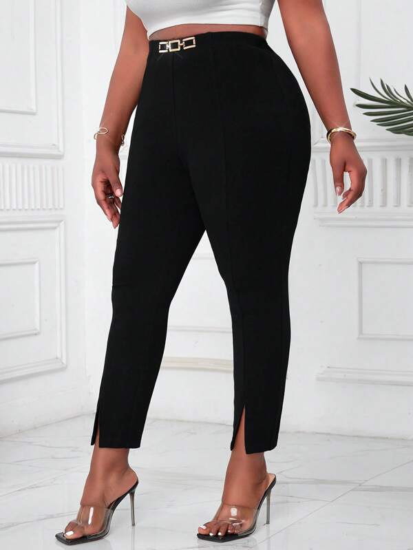 SHEIN Lady سروال طويل مشقوق أنيق من الترينج المحبوك للربيع والصيف والخريف والشتاء، بتفاصيل حبيبات بأحجام كبيرة، ملابس سيدة محترفة ذات خصر عالي