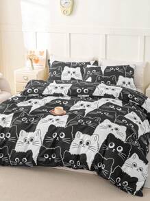 3 件套卡通猫图案羽绒被套套装(1 件羽绒被套和 2 件枕套),适合所有季节的可爱布艺床上用品套装 - 彩色 - 查看 3
