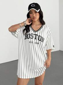 SHEIN EZwear 女士休闲 V 领落肩条纹字母印花运动连衣裙 - 黑與白 - 查看 4