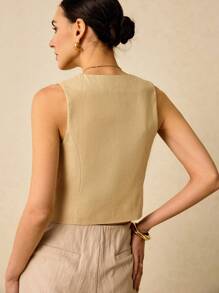 Poéselle Women's Solid Color Front Tie Sleeveless Minimalist Casual Thin Blazer ,Boho Women Clothing - Khaki - View 2