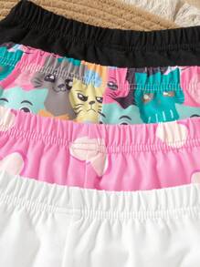 SHEIN 4pcs Young Girls Elastic Waist Cat & Heart Graphic Print Knitted Stretch Shorts, Comfortable And Fashionable Leggings Summer Holiday