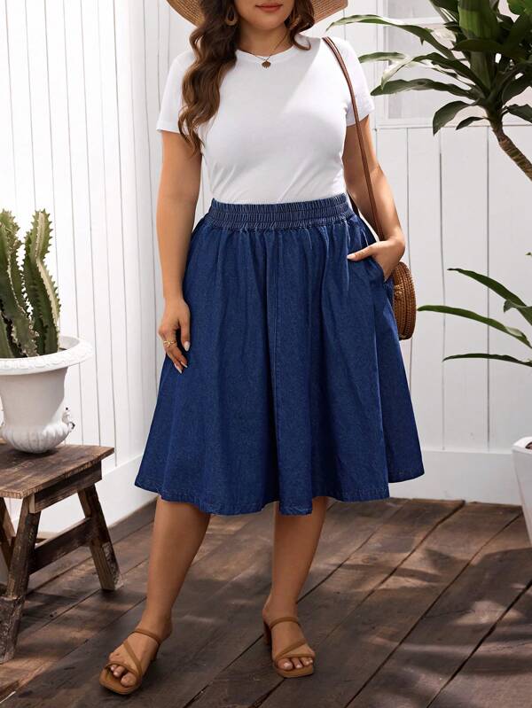 EMERY ROSE Plus Size Casual Elastic Waist Denim A-Line Skirt
