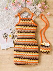 SHEIN Țesătură cu model de valuri de apă cu decor floral texturat colorat pentru fetiță cu mini rucsac delicat, potrivit pentru ținuta de vacanță de vară - Multicolor - Vizualizare 2