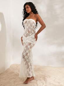 Opulessa Vestido de punto de unicolor con encaje y silueta ceñida para mujeres - Blanco - Ver 4