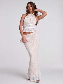 SHEIN BAE White Floral Mesh Lace Ruffle Hem Halter Neck Top, Elegant Beach, Party, Wedding Guest For Women, Spring/Summer - White - View 4