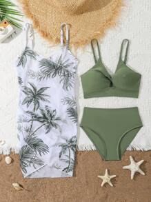 Tween Girls Bikini Sets,Sage Green,Summer,Funny,Beach,Vacation Gift,Holiday,Coconut Tree Print Three Pieces Swimsuit With Mesh Skirt Set - Army Green - View 1