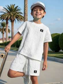 SHEIN Tween Boys' Casual Street Style Letter Printed Suit With Embossed Patch Detail