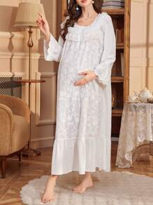 PalaceNights Palace Style Embroidery Long Sleeve Maxi Loose Maternity Nightgown Babydoll Luxe Loungewear, Fall - White - View 5