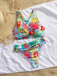 Swim Lushoire Women's Summer Beach Tropical Plant & Floral Print (Random Print) Knotted Shoulder Strap Tankini 2 Pieces Swimwear Set, Casual & Versatile, Suitable For Beach Vacation - Multicolor - View 6