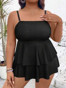SHEIN Swim Curve Plus Size 2 Pieces Solid Color Swimdress With Detachable Shoulder Straps & Flared Skirt, Matching Regular Triangle Bottom Swimwear For Women For Summer Beach Vacation - Black - View 3