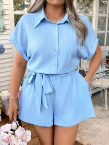 Breezaya Plus Size Button Front Short Sleeve Loose Tie Waist Elegant Outdoor/Date/Party/Vacation Jumpsuit, Blue, Casual - Blue - View 3