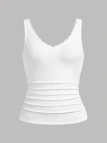 Slaydiva 2025 春夏新款休闲百搭基本款工字背心无袖圆领拼接蕾丝罗纹针织女式背心，白色，适合西部风、波西米亚风、海滩、婚礼宾客、复活节、狂欢节、音乐会女士、毕业典礼、运动