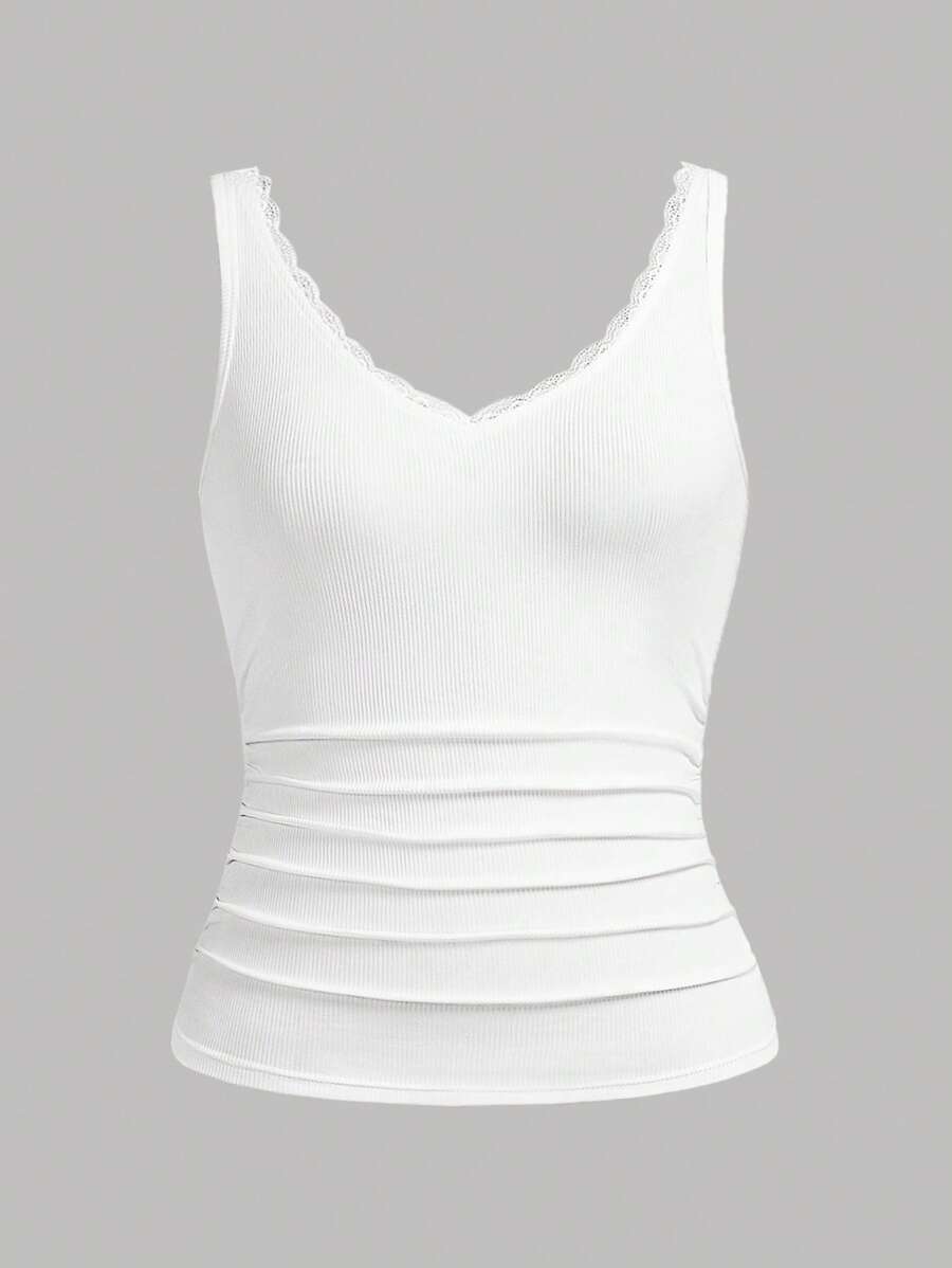 Slaydiva 2025 Spring And Summer New Casual Versatile Basic Racer Back Sleeveless Deep V Neck Splicing Lace Ribbed Knitted Women's Tank Top, White, Suitable For Western , Boho, Beach, Wedding Guests, Easter, Rave - White - View 1