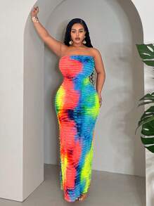 Slaydiva Plus Size Batik Dress With Ruffle Trim For Vacation - Green - View 7