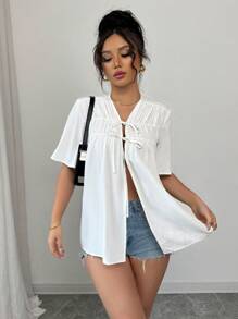 SHEIN Unity 女士百搭休闲 V 领系带宽松纯色短袖衬衫 - 白色 - 查看 3