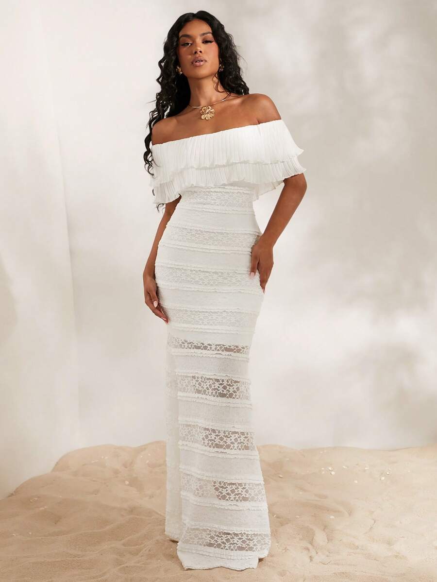 Opulessa Women's Knitted Solid Color Lace Off Shoulder Form-Fitting Fish Tail Dress  ,Ruffle Hem Twist  Dress Brown Off-The-Shoulder Dress,  Ruffle Dress, Boho Dress, Elegant Dress, Western Cowboy Girl, Going Out Dress, Party, Club Outfits, Women Concert Dress,For Autumn And Winter,Mermaid, Bohemian Outfits, Ibiza Outfits, Western Style - White - View 1