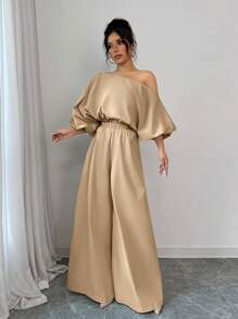 Firerie 2 件套女士套装 - 纯色不对称领灯笼袖上衣和长裤