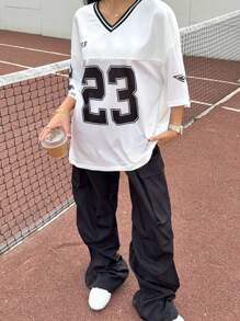 Muchica Women Aummer Graphic Number & Letter Print Basketball Jersey T-Shirt Top & Black Cargo Pocket Pants 2 Pieces Casual Streetwear Suit