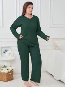 EURMUSE 2Pcs/Women Button Details And Lettuce Trim Detail Homewear Pajama Set