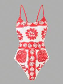 SHEIN Swim Maillot de bain une pièce pour femme à l'impression rétro positionnée régulièrement pour l'été - Multicolore - Voir 6
