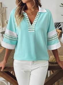 SHEIN LUNE Women's Western Country Casual Vacation Distressed Colorblock Patchwork Cotton Short Sleeve Polo Collar T-Shirt Top, Summer