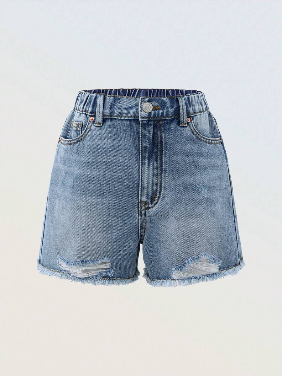 Denimly Girls Elastic Waist Distressed Style Preppy Outdoorsy Denim Shorts, School, Campus, College