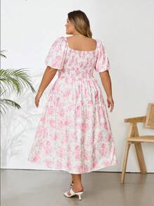 SHEIN CURVE+ Plus Size Women's Asymmetrical Flowers With Pink And White Prints, Holiday Women's Long Dresses, Parties, Milkers, Romantic Long Dresses For Spring/Summer Boho Vacation