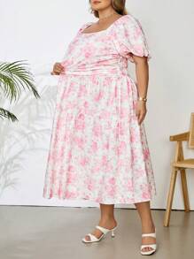 SHEIN CURVE+ Plus Size Women's Asymmetrical Flowers With Pink And White Prints, Holiday Women's Long Dresses, Parties, Milkers, Romantic Long Dresses For Spring/Summer Boho Vacation