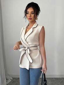 Elenzga 1pc Women Sleeveless Minimalist Contrast Color Thin Blazer Jacket - Apricot - View 4