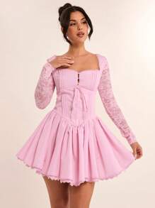 SHEIN BAE Elegant Red Lace Splice Long Sleeve Bodycon Mini Dress, Suitable For Graduation, Formal, Cocktail Party, Romantic Date, Autumn/Winter Layering, Party, Clubbing, Bridesmaid, Night Out, Halloween, Christmas