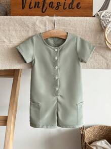 SHEIN Bộ đồ liền thân cài nút phía trước màu trơn đơn giản cho bé gái, mùa hè - Màu xanh Bạc hà - Xem 2